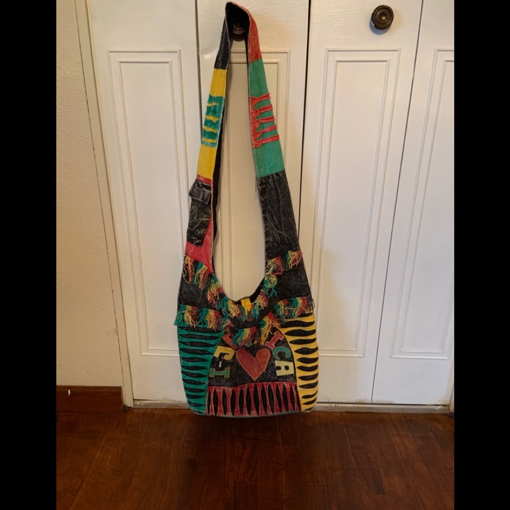 Embroidered crossbody bag.